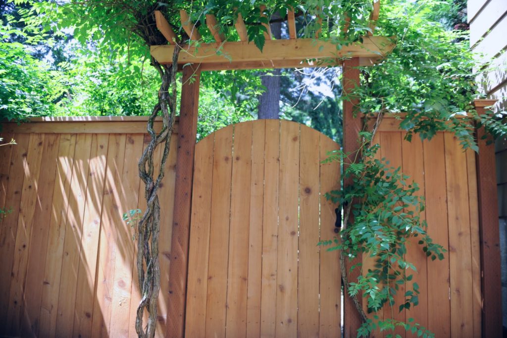 1019 Cedar Picture Frame Fencing Picture frame fence featuring gate and trellis