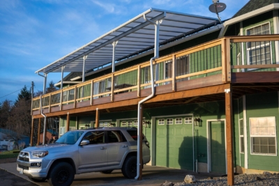 1072 Acrylite Patio Covers Cedar railing in Kalama, Washington