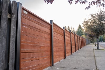 1033 Horizontal Cedar Fencing stained horizontal fence with black posts