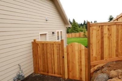1028 Cedar Picture Frame Fencing Picture Frame Fence featuring round top gate