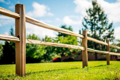 1009 Cedar Split Rail Fencing A cedar split rail fence from low angle.