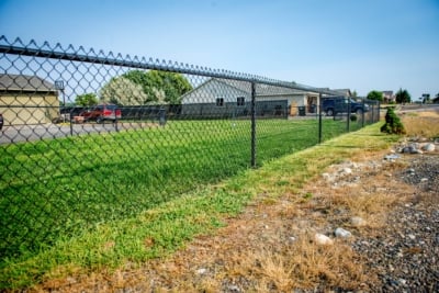 1038 Chain Link Fencing 4 foot tall chain link fence in black with a yard in the background.