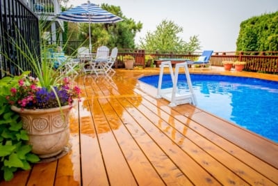 1046 Decking Cedar Stained Port Orford cedar around pool