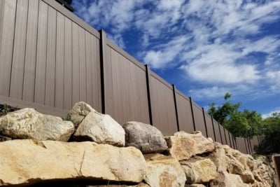 1054 Vinyl Privacy Fencing Dark Walnut colored Vinyl Fence
