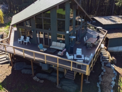 Drone shot of angular deck and railing